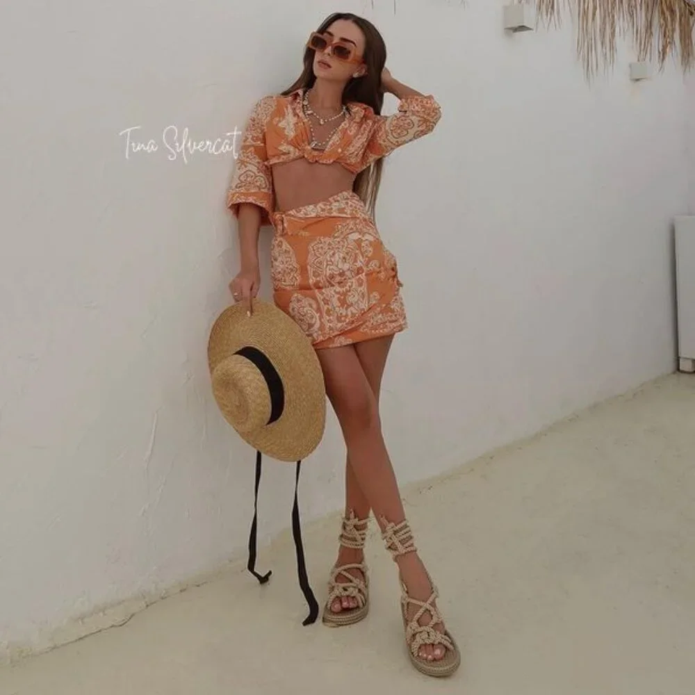 Zara 2 Piece Printed Mini Skirt And Top Co-ord Set Burnt Orange NWT